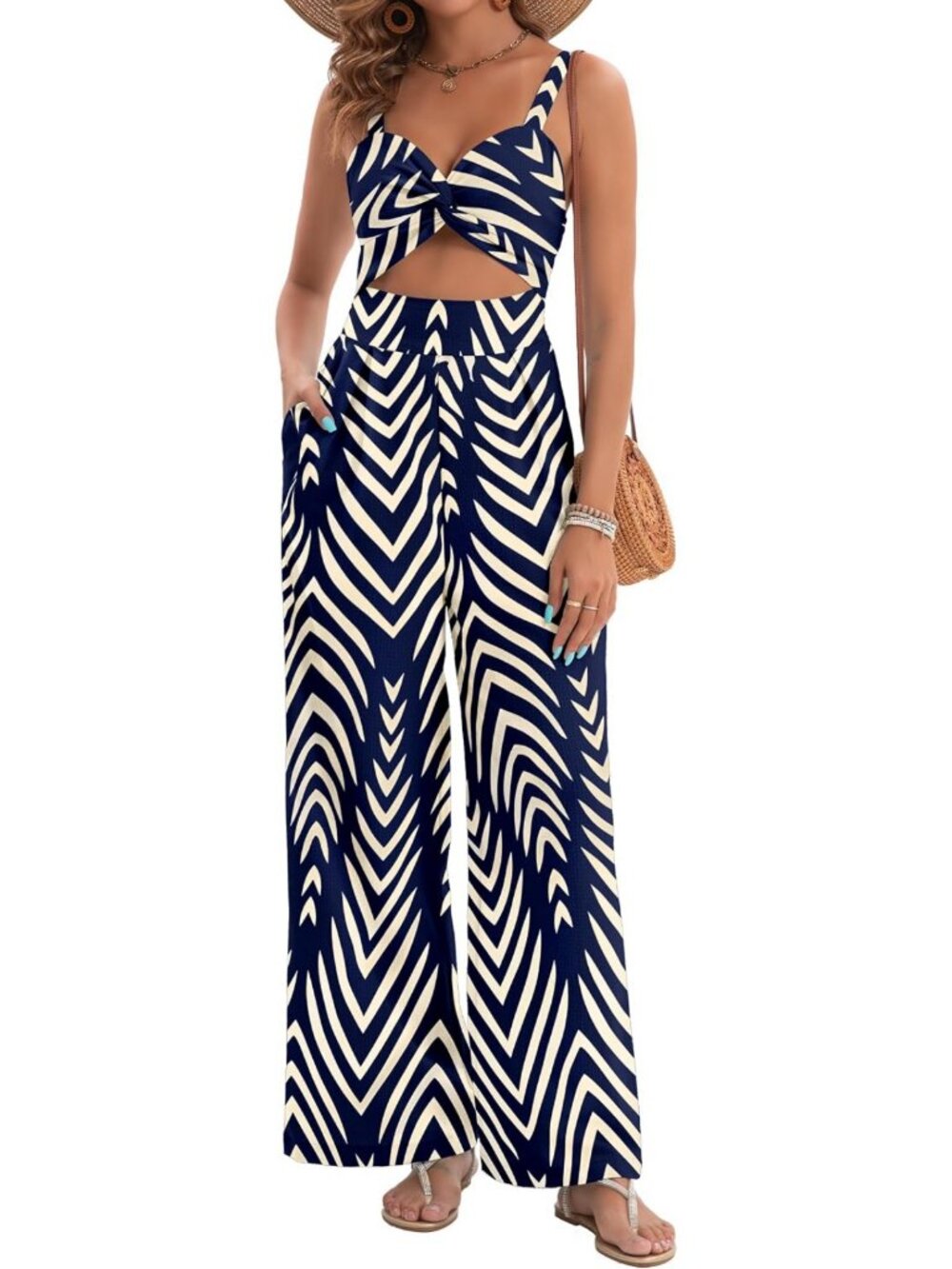 Stylish Women's Summer Jumpsuit - Dressy V-Neck, Twist Detail, Sleeveless Wide